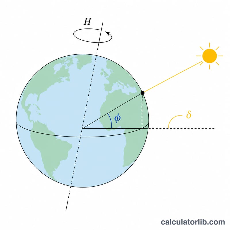 Celestial sphere diagram showing latitude, solar declination and hour angle that determine the Sun's position
