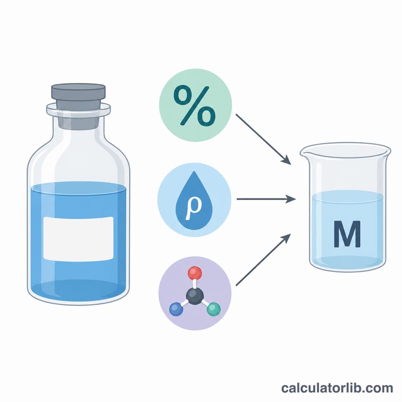 Concentrated solution bottle with percent, density and molar mass inputs producing molarity
