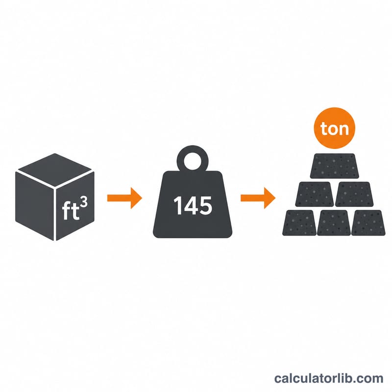 Flat diagram showing volume in cubic feet multiplied by density giving tons