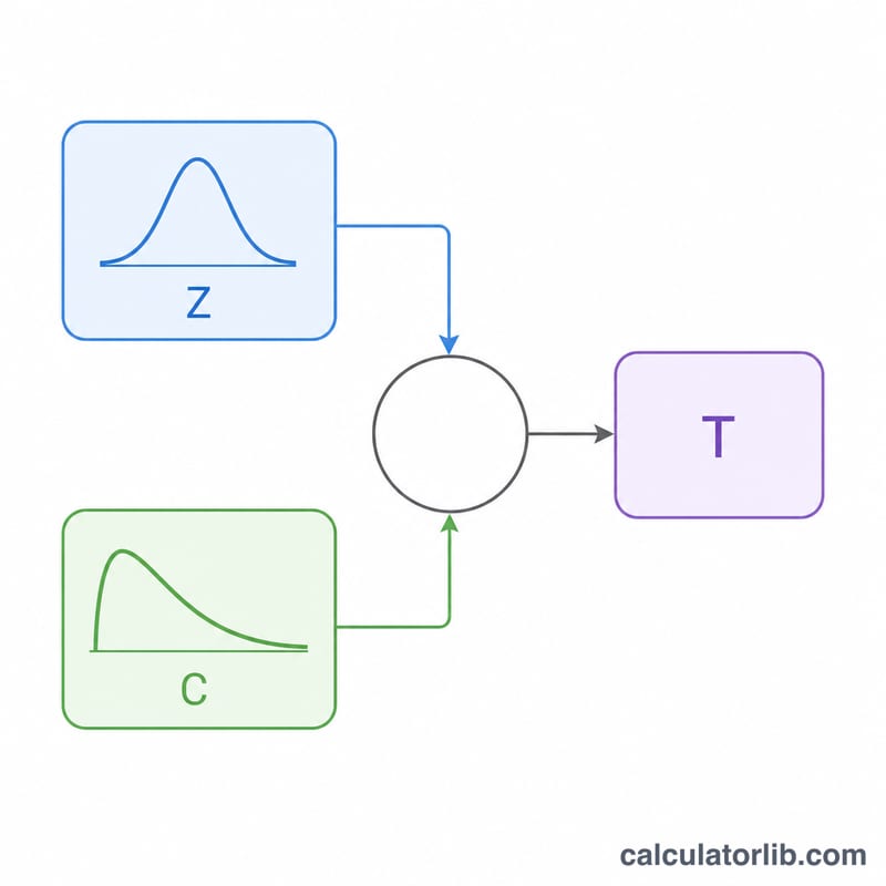 Flowchart showing a normal sample and a chi-squared sample combined to form a t-distributed value