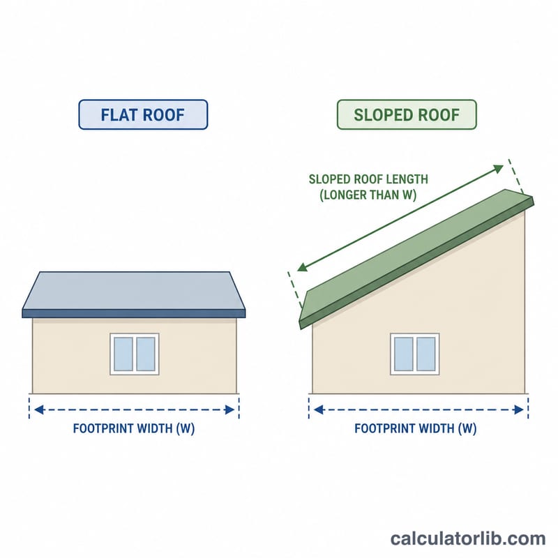 Flat footprint compared to larger sloped roof surface area