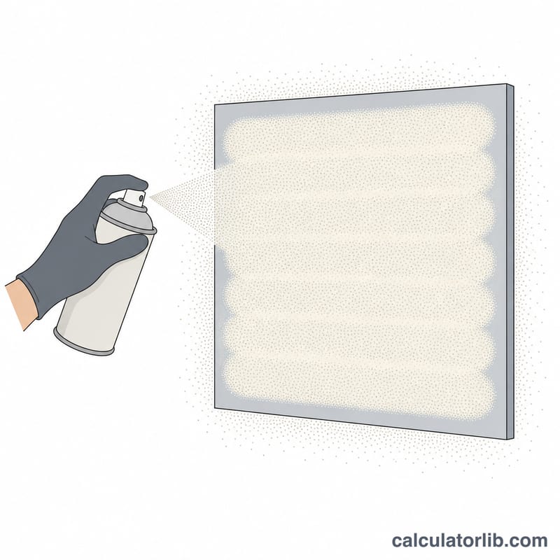 Spray can applying even overlapping passes onto a panel with overspray drifting off edges