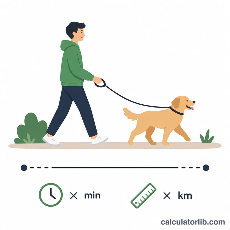 Người dắt chó đi dạo trên con đường đã đo với đồng hồ và mốc khoảng cách