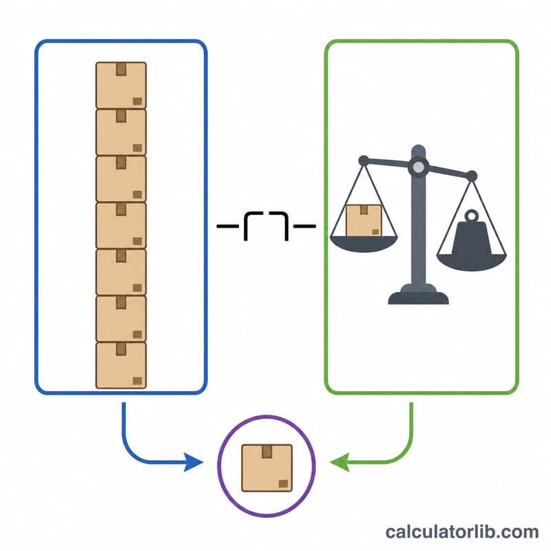 Diagrama que muestra el menor de dos límites: una pila de cajas por volumen frente a una báscula de peso