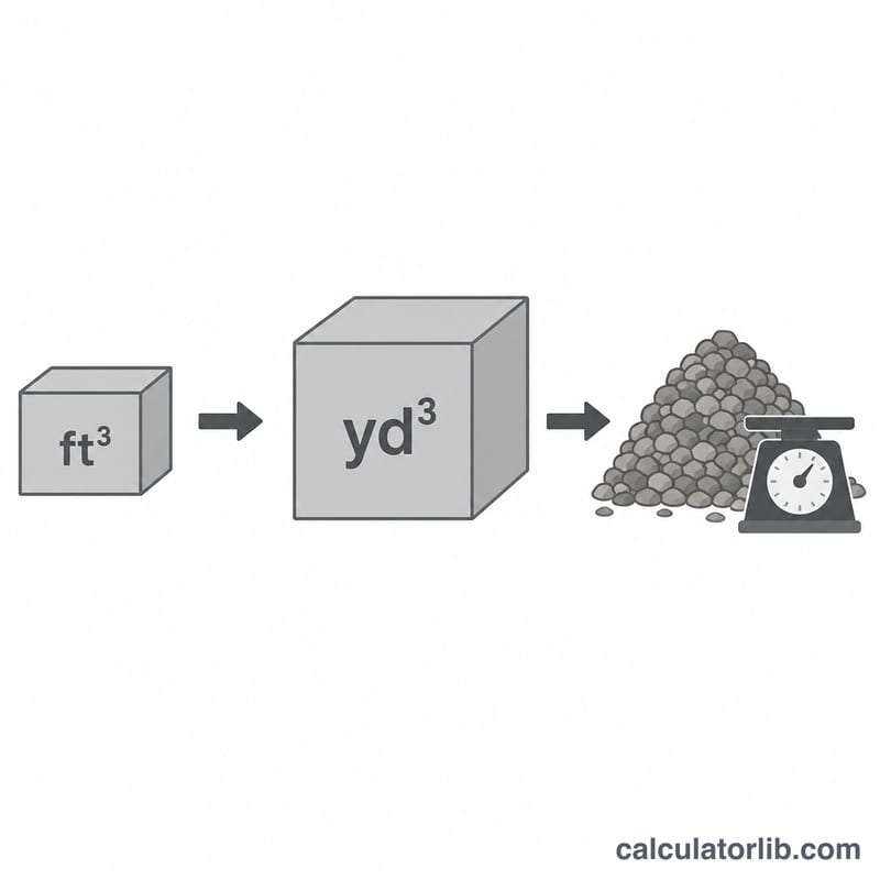 Passage du volume de la zone en pieds cubes aux yards cubes puis aux tonnes