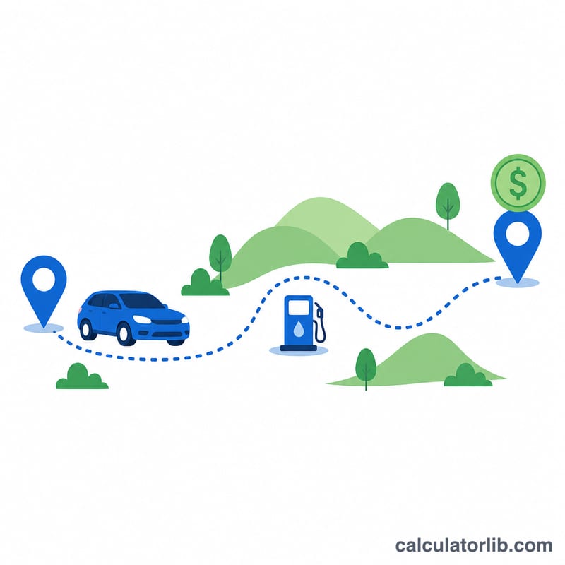 Car traveling a route from start to destination with fuel and cost shown