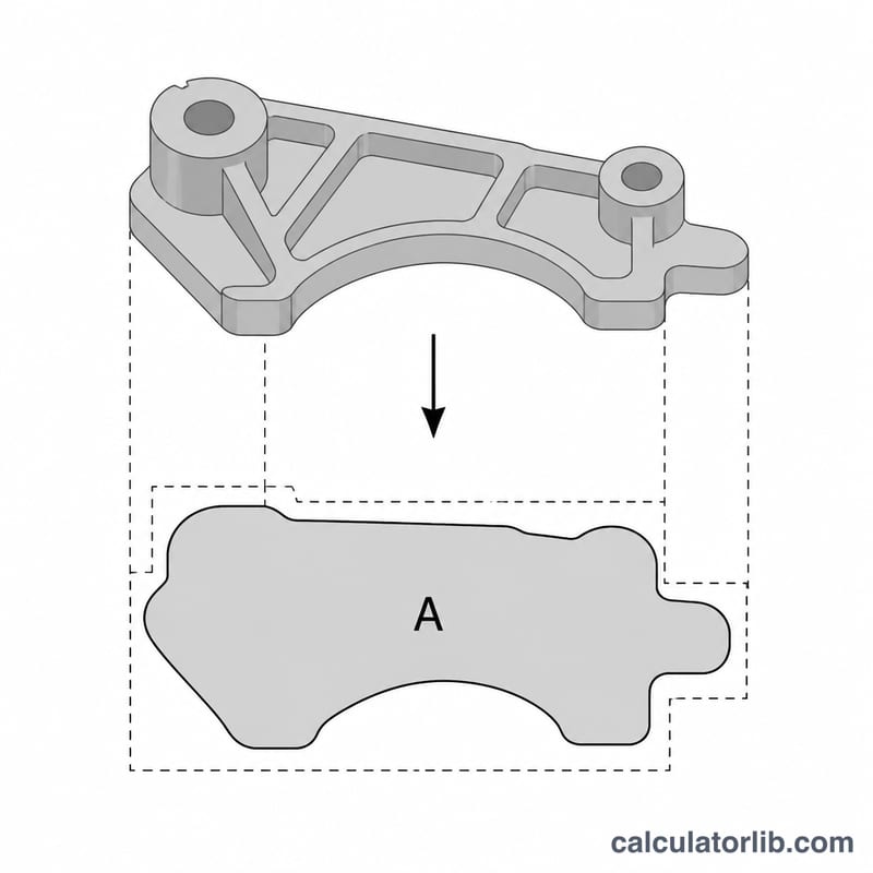Top-down view of a part outline shaded to indicate its projected area on the parting plane