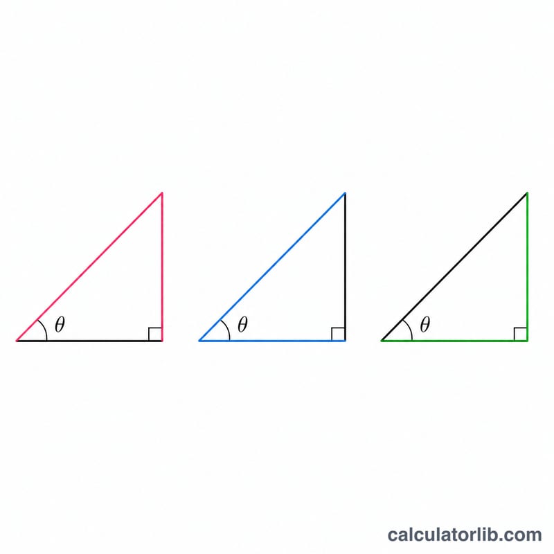 Trois triangles rectangles mettant en évidence les paires de côtés pour le sinus, le cosinus et la tangente