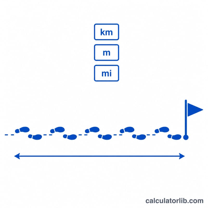 Row of footprints along a path measured as total distance with km, m, mi units