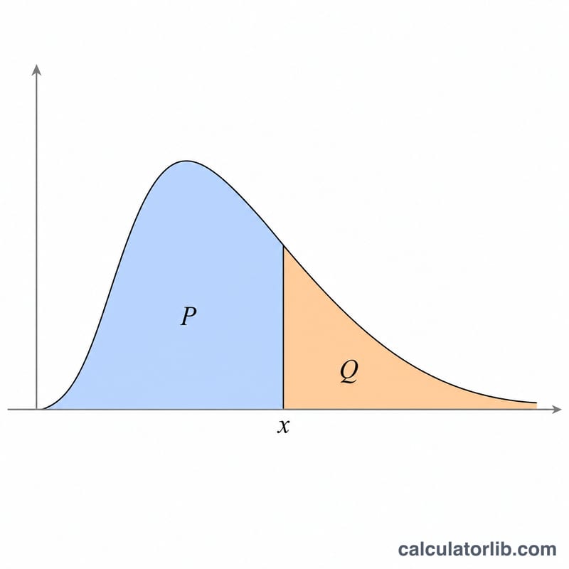 Density curve split by a vertical line into left lower-cumulative P area and right upper-cumulative Q area