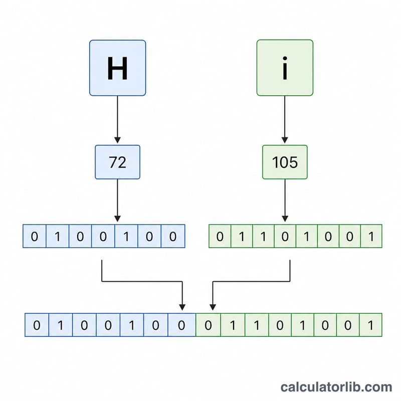 Word Hi shown as two characters converting into two 8-bit binary bytes concatenated