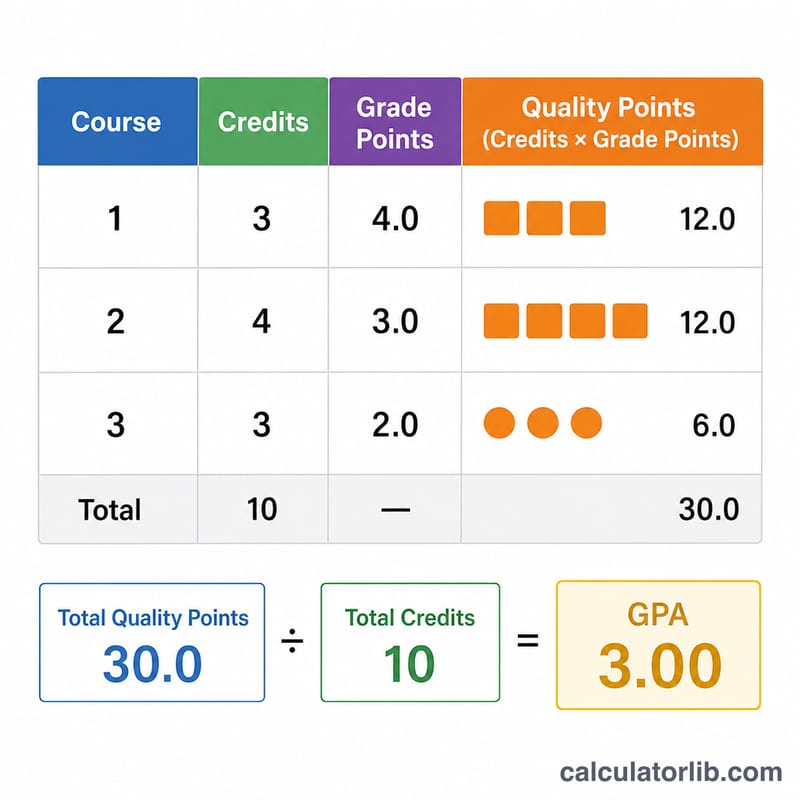 Sample table of courses with credits and grade points producing a final GPA