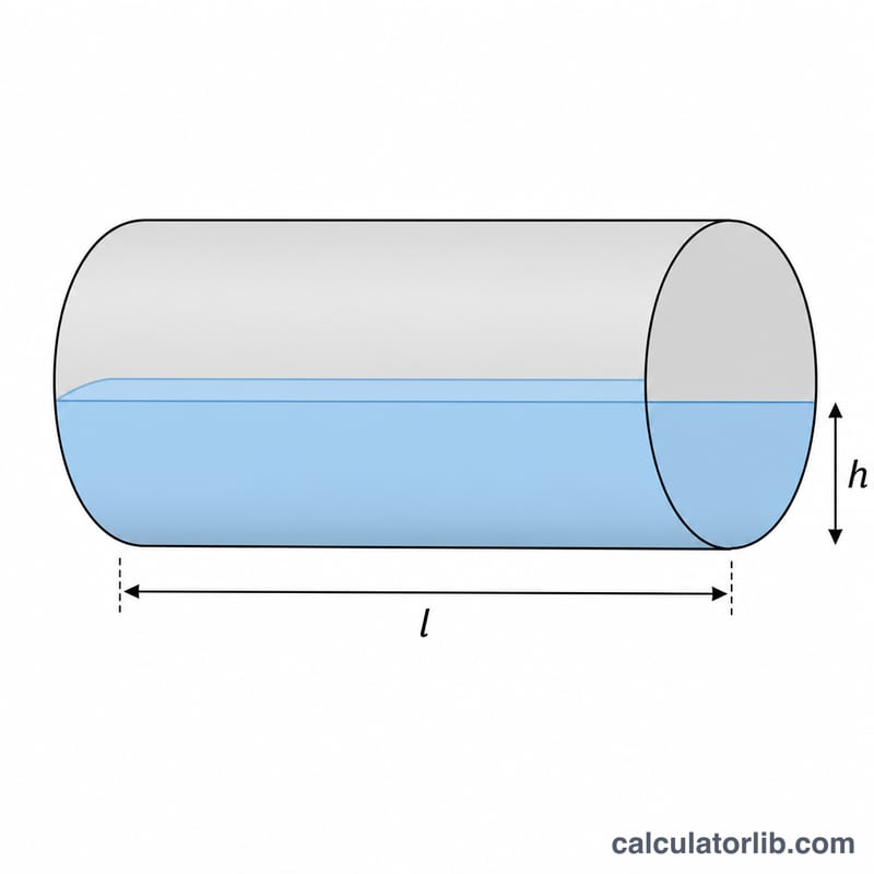 3D horizontal cylinder lying on its side, partially filled with liquid, showing length and fill height