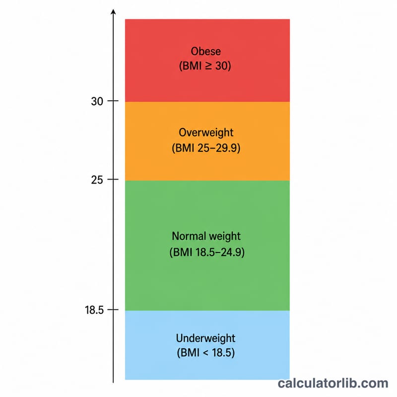 Stacked color bands showing BMI categories with thresholds at 18.5, 25, and 30