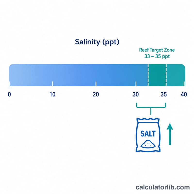 Salinity scale highlighting the 33 to 35 ppt reef target range