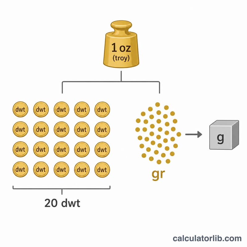 Diagram showing relationships between troy ounces, pennyweight, grains and grams