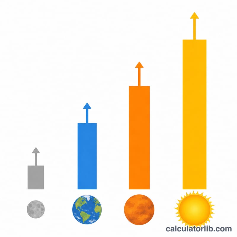 Bar comparison of escape velocity heights for Moon, Earth, a larger planet and the Sun