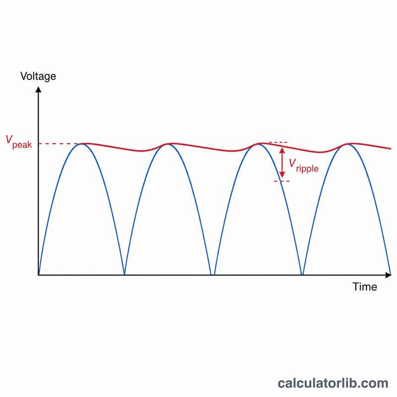 Waveform showing rectified full-wave output and smoothed DC line with ripple voltage between peaks