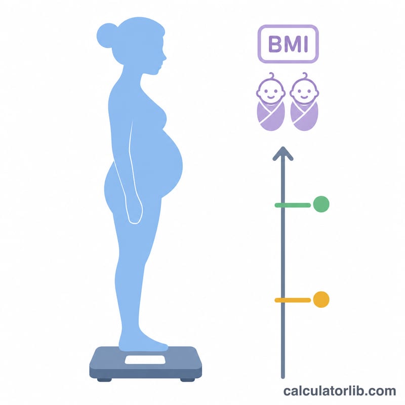 Pregnant figure on a scale with a target range gauge and two baby icons indicating twins