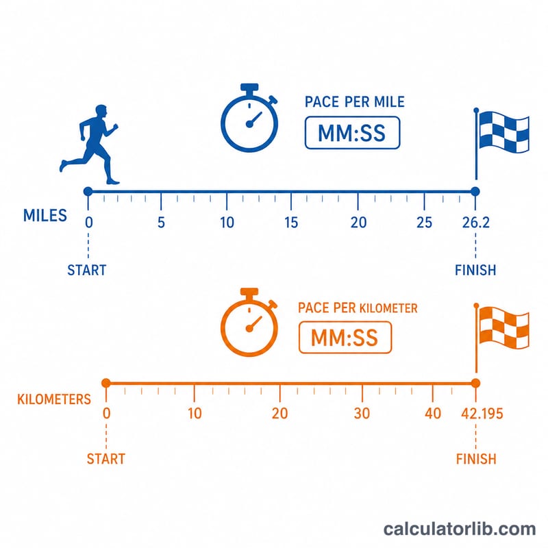 Two aligned rulers showing marathon distance in miles and kilometers with pace markers