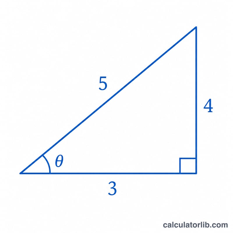 Triangle rectangle de base 3, de hauteur 4, d'hypoténuse 5 et d'angle indiqué