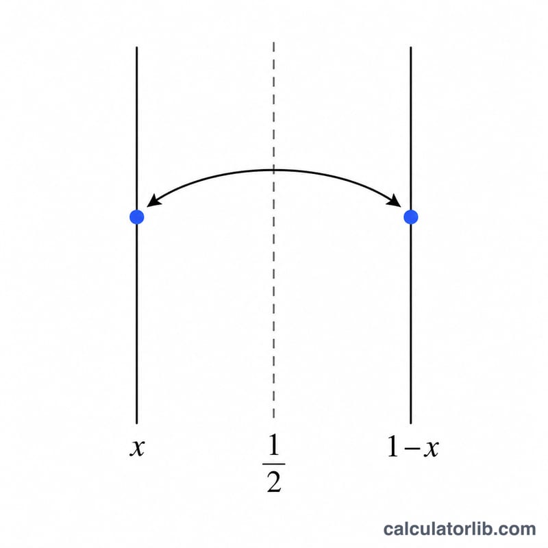 Diagrama que muestra la simetría de reflexión de zeta entre x y 1 menos x respecto a x igual a un medio