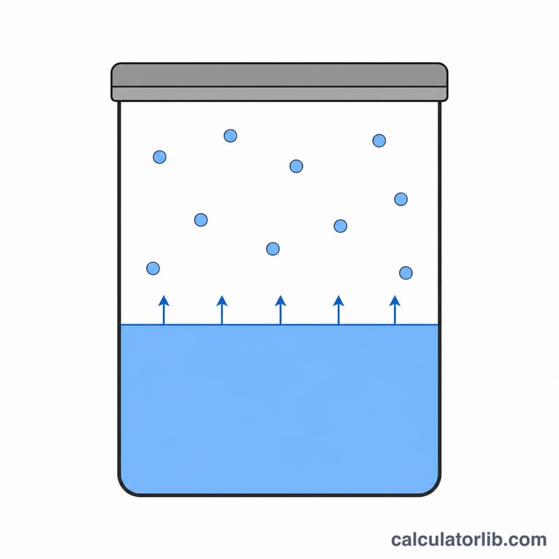 Liquid in a closed container with molecules escaping into vapor space above