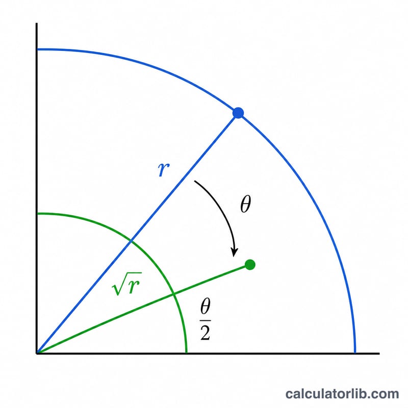 Polar form showing modulus halving via square root and angle being halved
