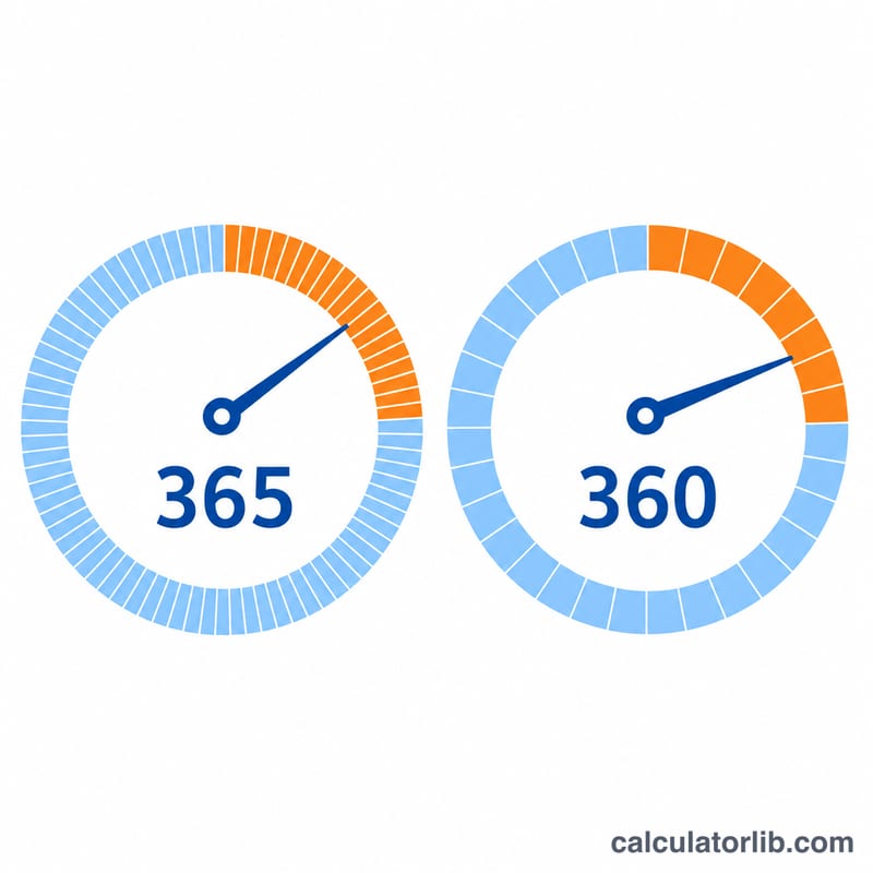 Comparison of 365-day and 360-day year basis shown as two circular calendars dividing time