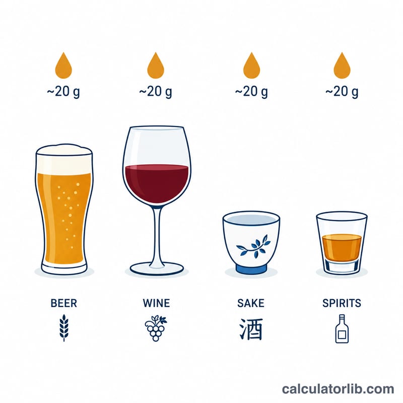 それぞれ約20gのアルコールに相当する、さまざまな飲み物の一列