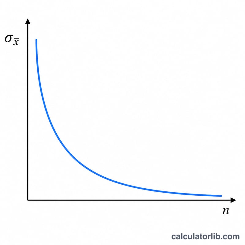 Decreasing curve showing standard error falling as sample size n increases