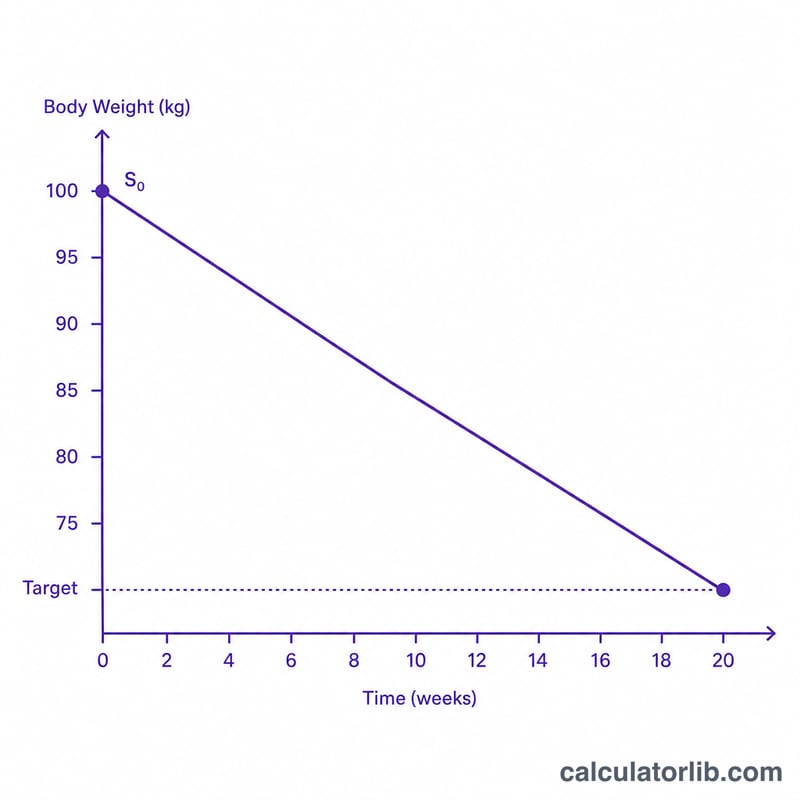 Line chart of body weight decreasing steadily over weeks toward a goal line