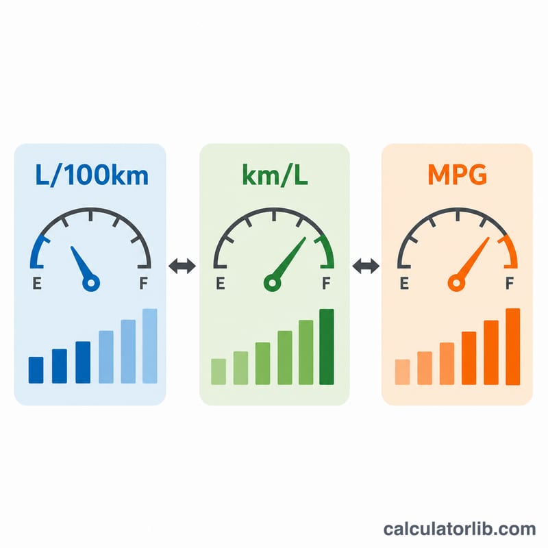 ईंधन दक्षता इकाइयों L/100km, km/L और MPG की तुलना