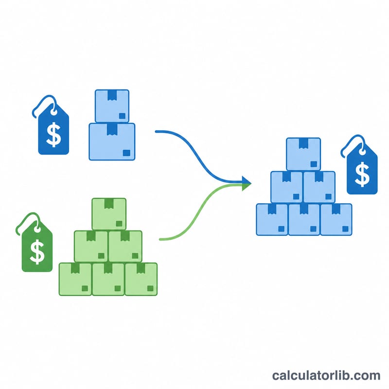 Two inventory purchase batches at different unit prices merging into one blended average cost per unit