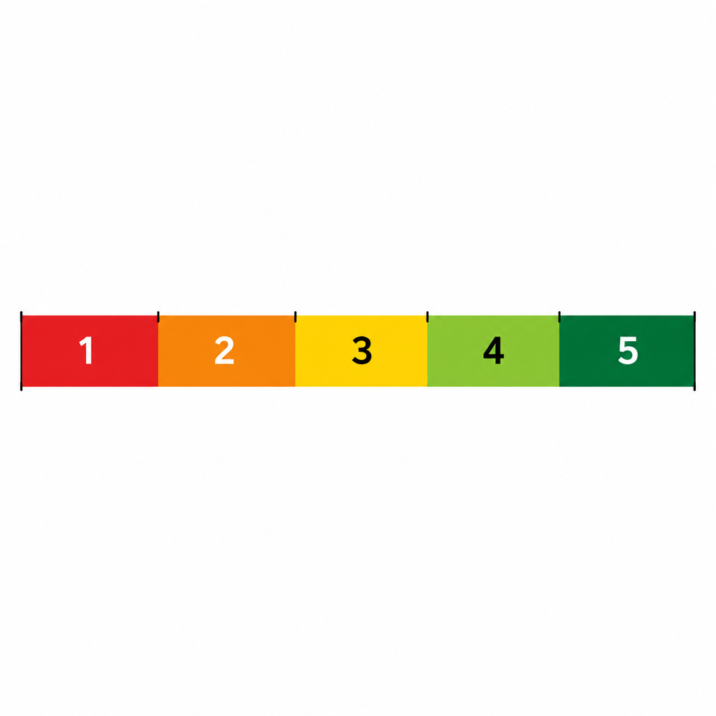 Number line from low to high composite score divided into five colored score bands labeled 1 to 5
