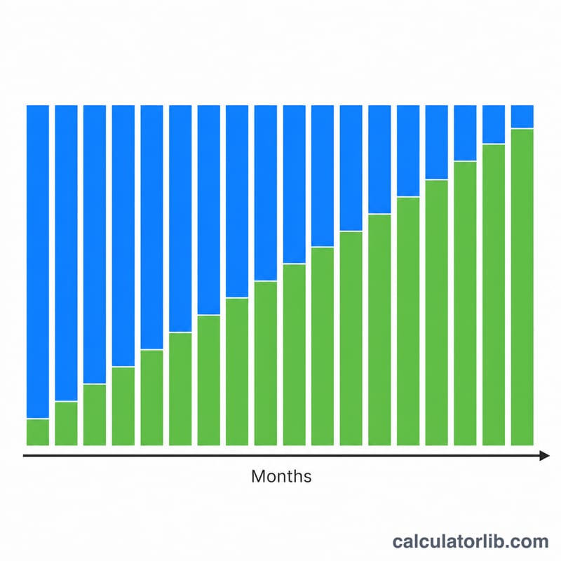 Stacked bar chart of equal monthly payments shifting from interest to principal over time