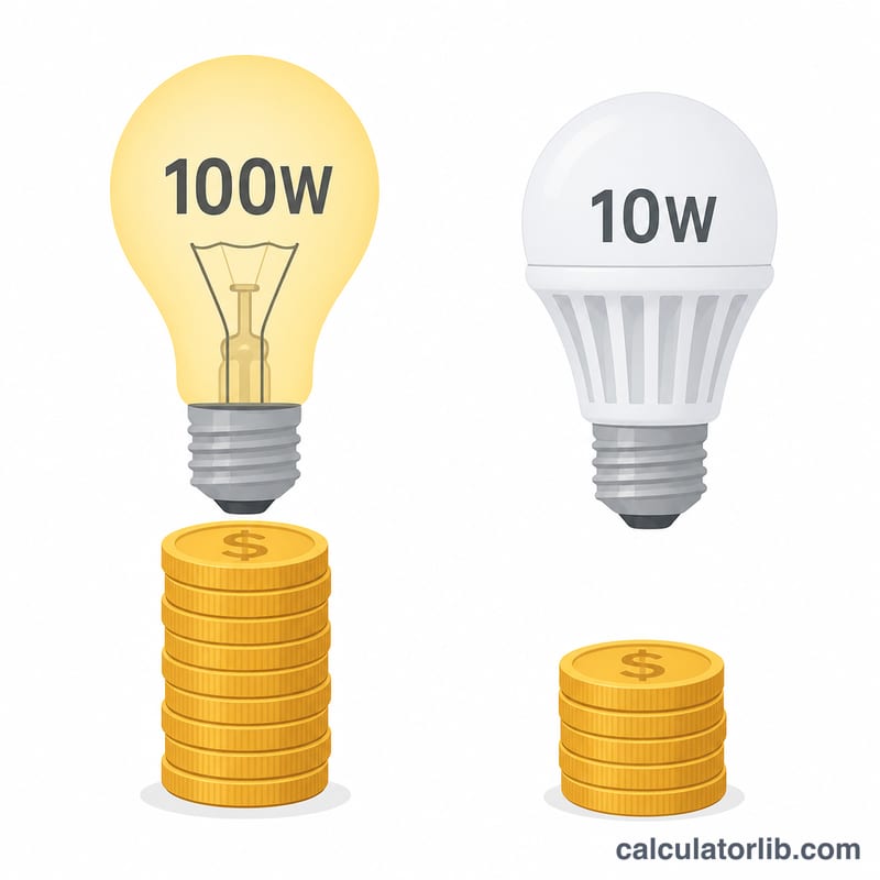 白熱電球とLED電球のワット数の違いを比較した図