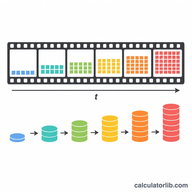 Film strip frames each carrying equal data blocks accumulating into total file size