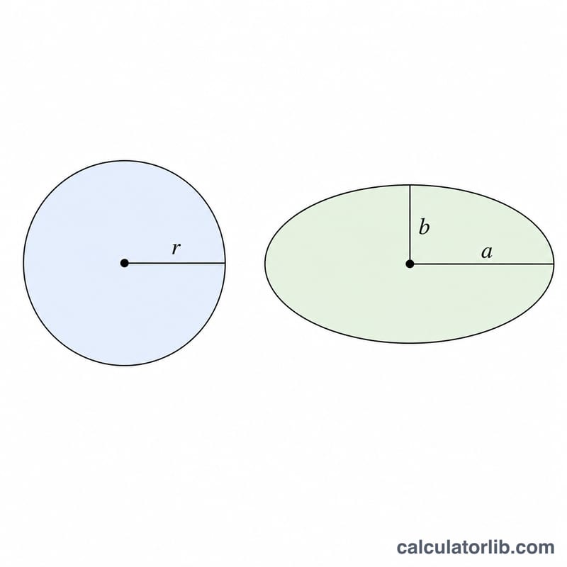 Side by side circle and ellipse comparing radius r with axes a and b