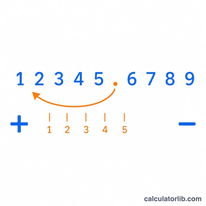 Decimal point moving across digits with arrows counting the number of places to set the exponent