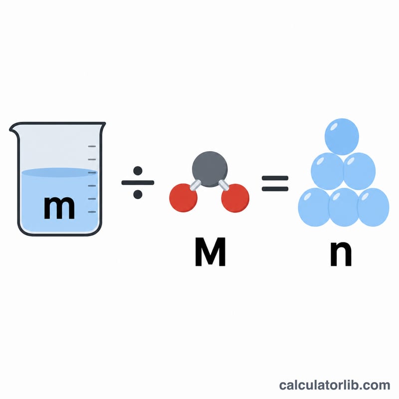 Worked example showing mass divided by molar mass equals moles