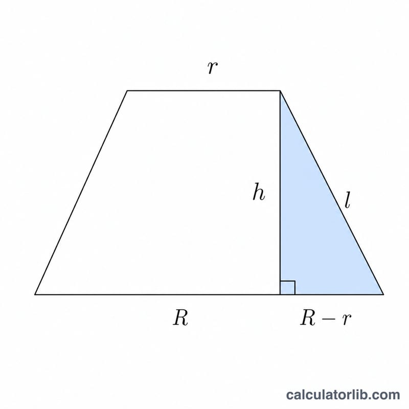 Truncated cone cross-section showing slant height as the hypotenuse of a right triangle