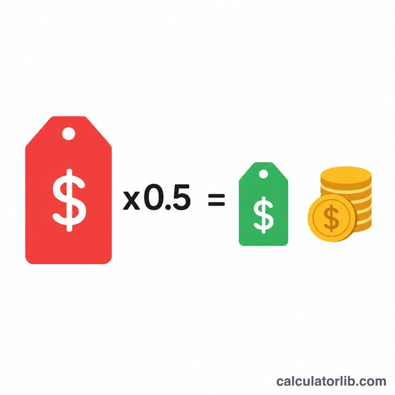 Original price multiplied by 0.5 equals sale price with savings shown