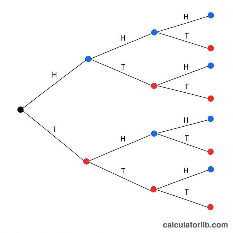 Probability tree diagram showing heads and tails branches over multiple coin flips