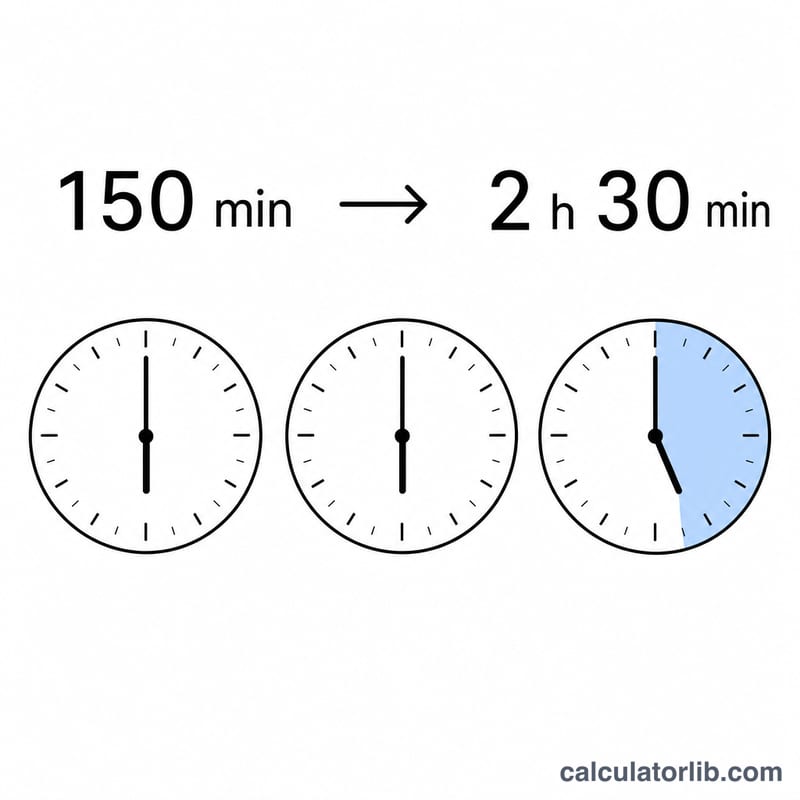Example converting 150 minutes into 2 hours and 30 minutes