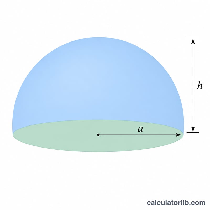 Spherical cap with labeled curved surface area, flat base area circle, and volume region