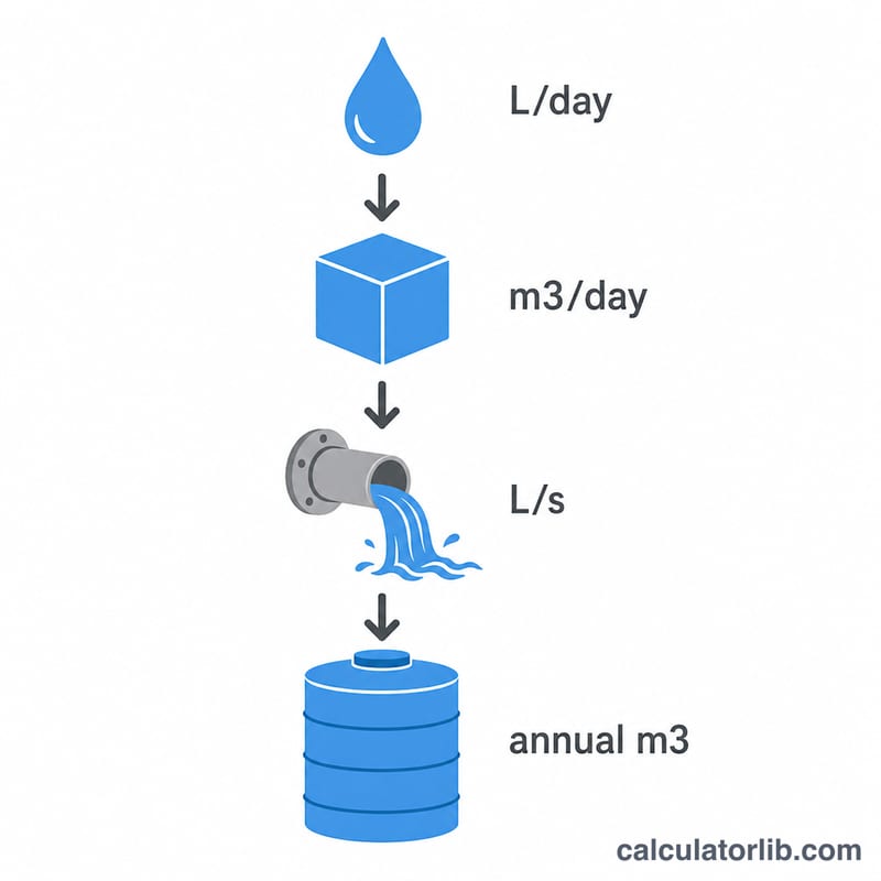 Water demand expressed in liters per day, cubic meters per day, liters per second and annual cubic meters