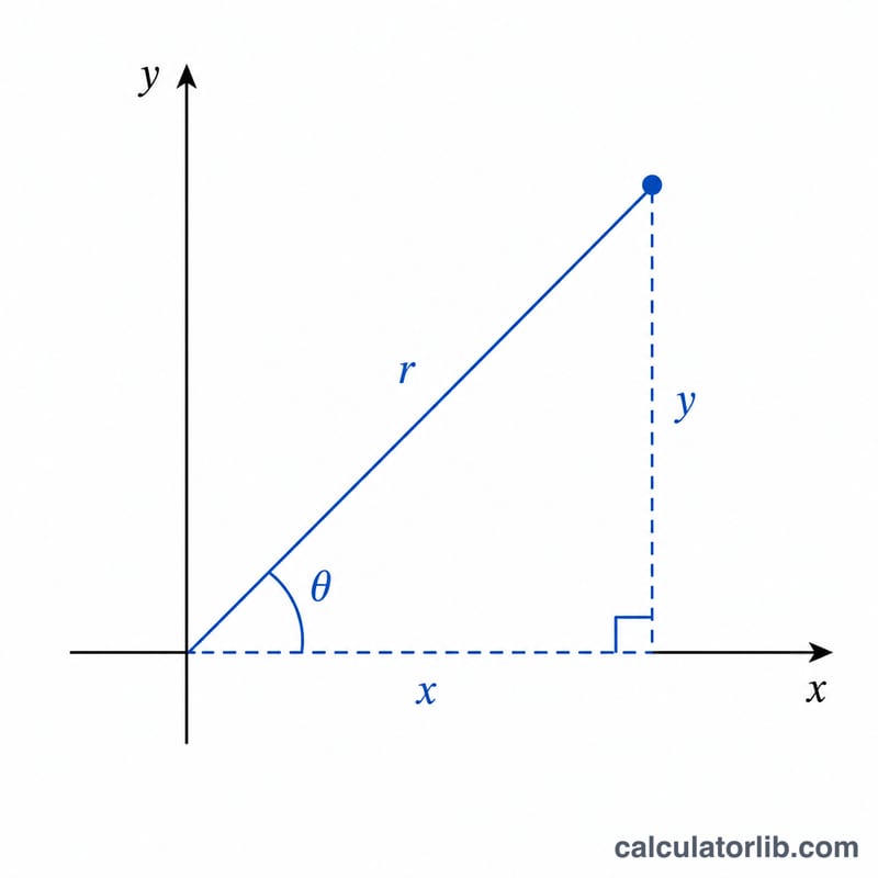 Top-down view showing conversion between Cartesian x, y and polar r, theta in the plane