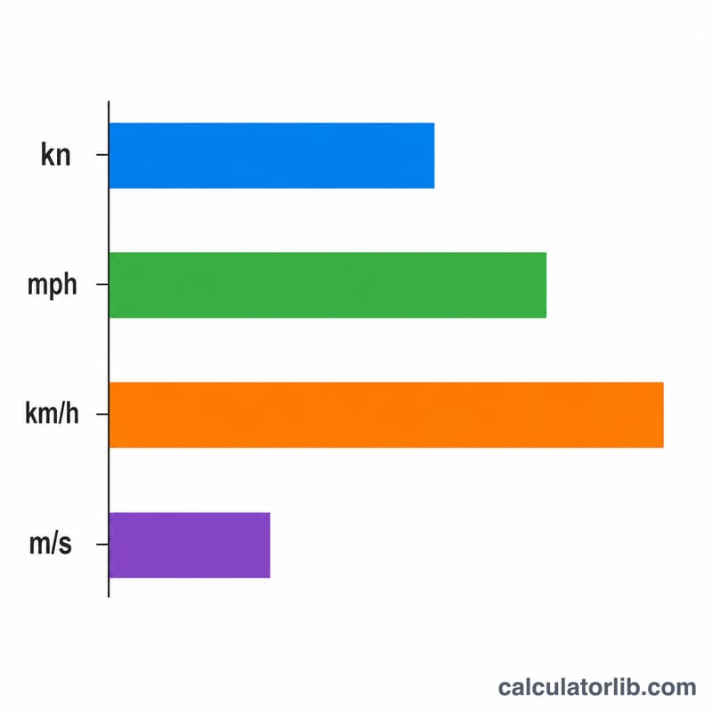 बार चार्ट जो एक हवा की गति की तुलना नॉट, mph, km/h और m/s में करता है