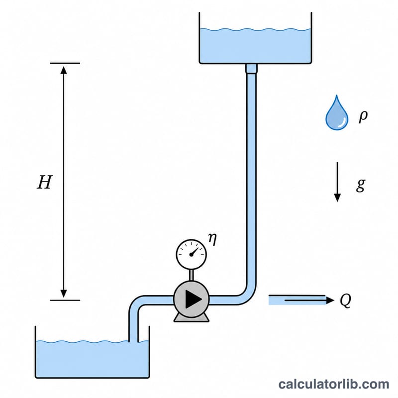 Flat schematic of pump lifting fluid showing flow rate Q, head H, density rho, gravity g and efficiency eta